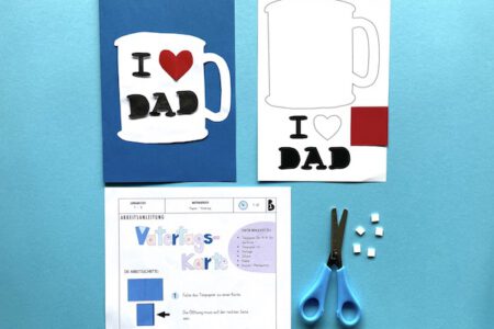 Vatertagskarte Tasse, Papier, schneiden, Anleitung, Grundschule, Vatertag, Herz, falten,