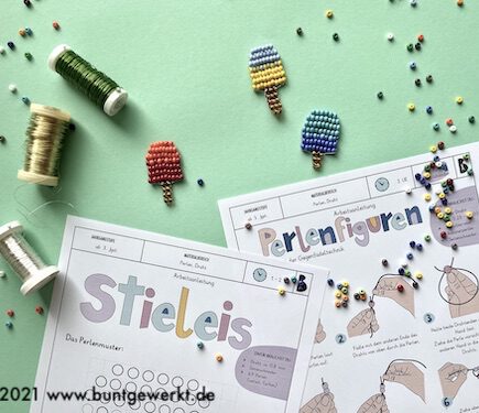 Stieleis, Eis am Stiel, Perlen, Gegenfädeltechnik, Anleitung, Sommer, Grundschule, Mittelschule, Handarbeit, Textilarbeit, Werken und Gestalten