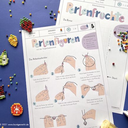 Perlenfrüchte, Perlen, Gegenfädeltechnik, Anleitung, Sommer, Grundschule, Mittelschule, Handarbeit, Textilarbeit