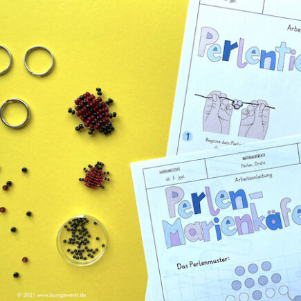 Perlenmarienkäfer, Perlentiere, Perlen, auffädeln, Anleitung, Grundschule, Marienkäfer, Perlengecko, Perlenspinne, Mittelschule, Gestalten, Handarbeit