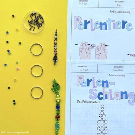 Perlenschlange, Perlentiere, Perlen, auffädeln, Anleitung, Grundschule, Perlengecko, Perlenspinne, Mittelschule, Gestalten, Handarbeit
