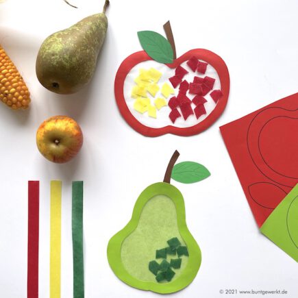 Apfel und Birne Passepartout, Herbst, Fensterdeko, Grundschule, Apfel, Birne, Schneiden, reissen,