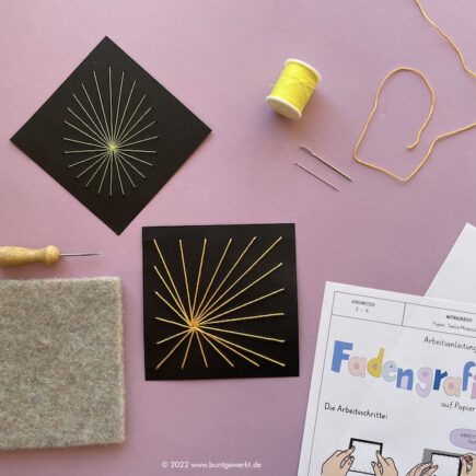 Fadengrafik auf Papier, Fadenspanntechnik, Sticken, Werken und Gestalten, Grundschule, Mittelschule,