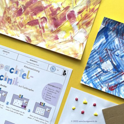 Spachteltechnik mit Farbtropfen, Spachteltechnik, Papiergestaltung, Farben, Werken und Gestalten, Anleitung, Grundschule, Mittelschule,