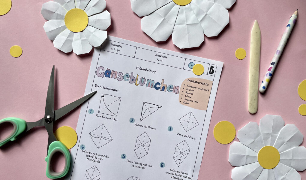 Gänseblümchen, Blumen falten, Blüten falten, Falten, Faltanleitung, Grundschule, Mittelschule, Werken und Gestalten