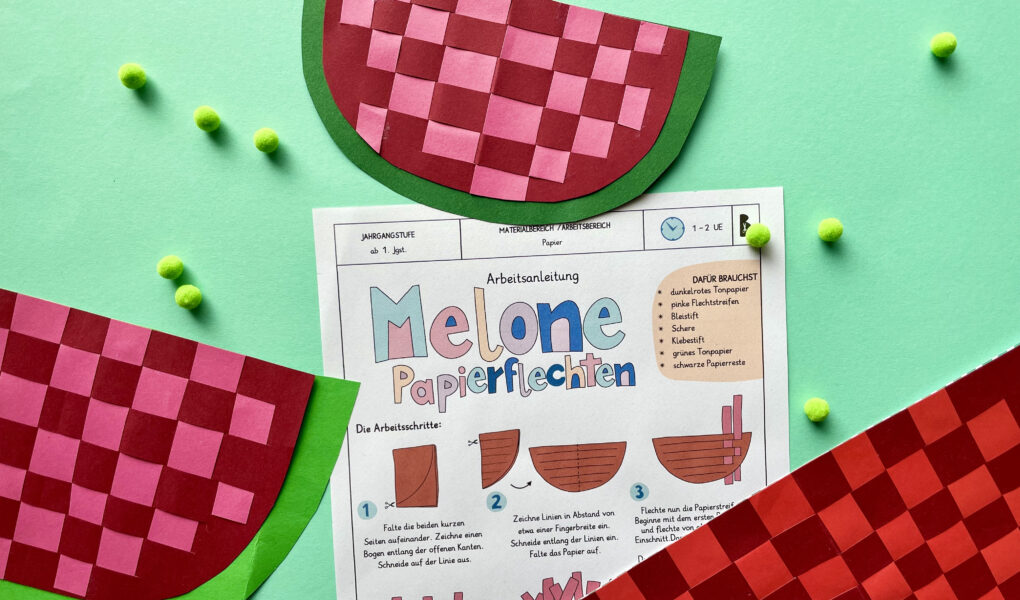 Melone Papierflechten, Papierweben, Werken und Gestalten, Wassermelone gestalten, Grundschule,