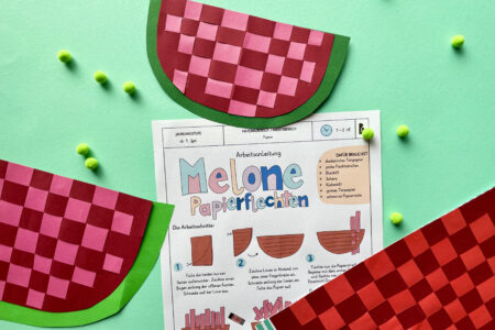 Melone Papierflechten, Papierweben, Werken und Gestalten, Wassermelone gestalten, Grundschule,