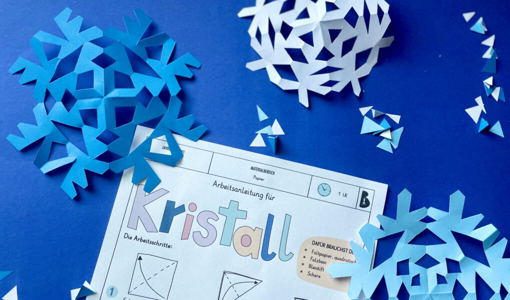 Kristall Faltschnitt, Winterdeko basteln, Schneekristalle, Fensterdeko Winter, Grundschule, Werken und Gestalten