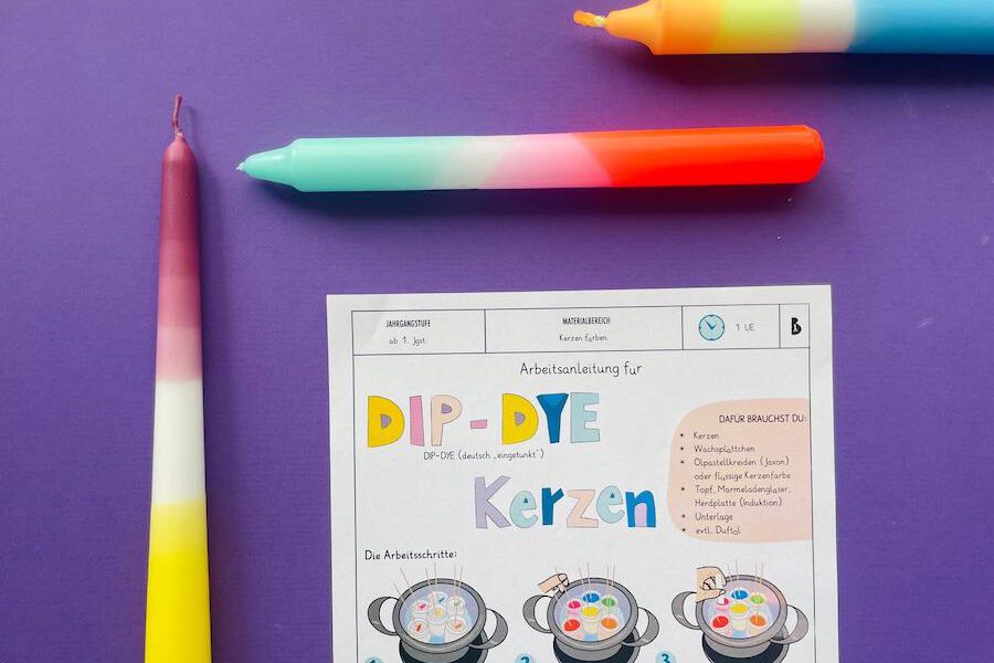 Dip-Dye Kerzen, Kerzen färben, Werken und Gestalten, Textiles Gestalten, Grundschule, Mittelschule,