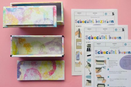 Schachtel bauen und beziehen, Schachtel kaschieren, Kaschieren, Bezugsarbeit, Buchbinden, Grundschule, Mittelschule, Werken und Gestalten